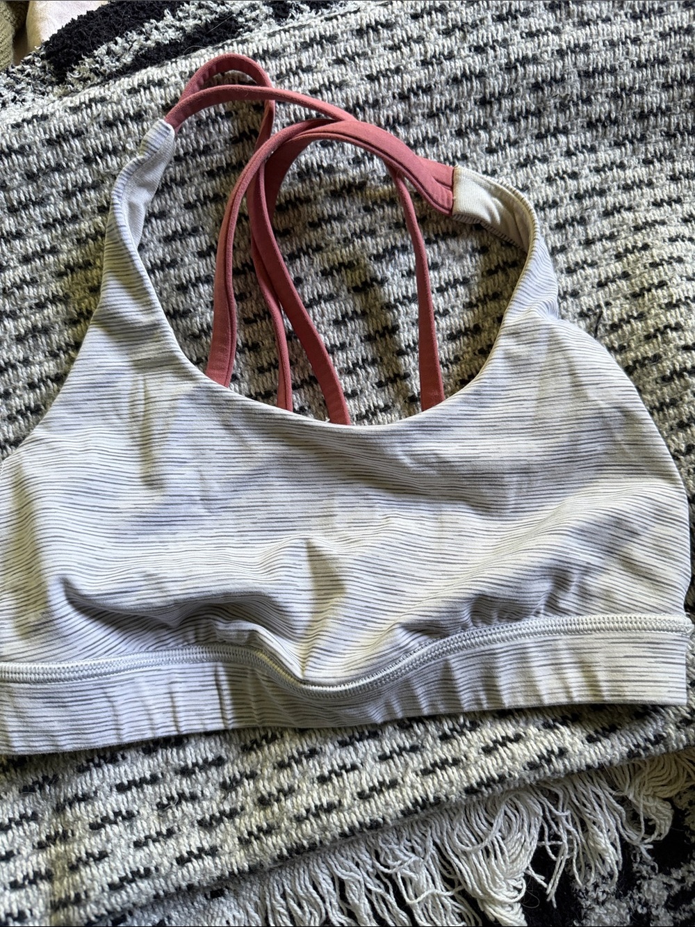 Lululemon size 2 gray stripe, pink strap, sports bra